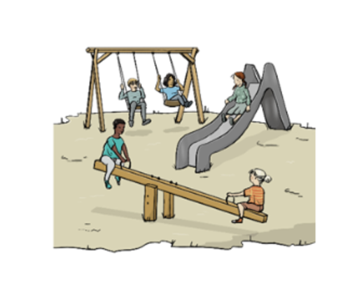 Eine Zeichnung: Kinder spielen auf einem Spielplatz.