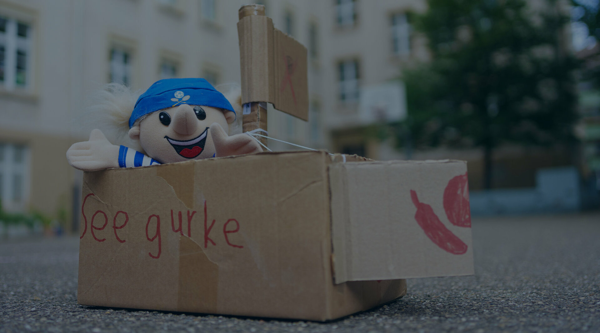 Ein Karton steht auf einer asphaltierten Straße. Aus dem Karton schaut eine Matrosen-Handpuppe heraus. Auf dem Karton steht von Hand "Seegurke" geschrieben.