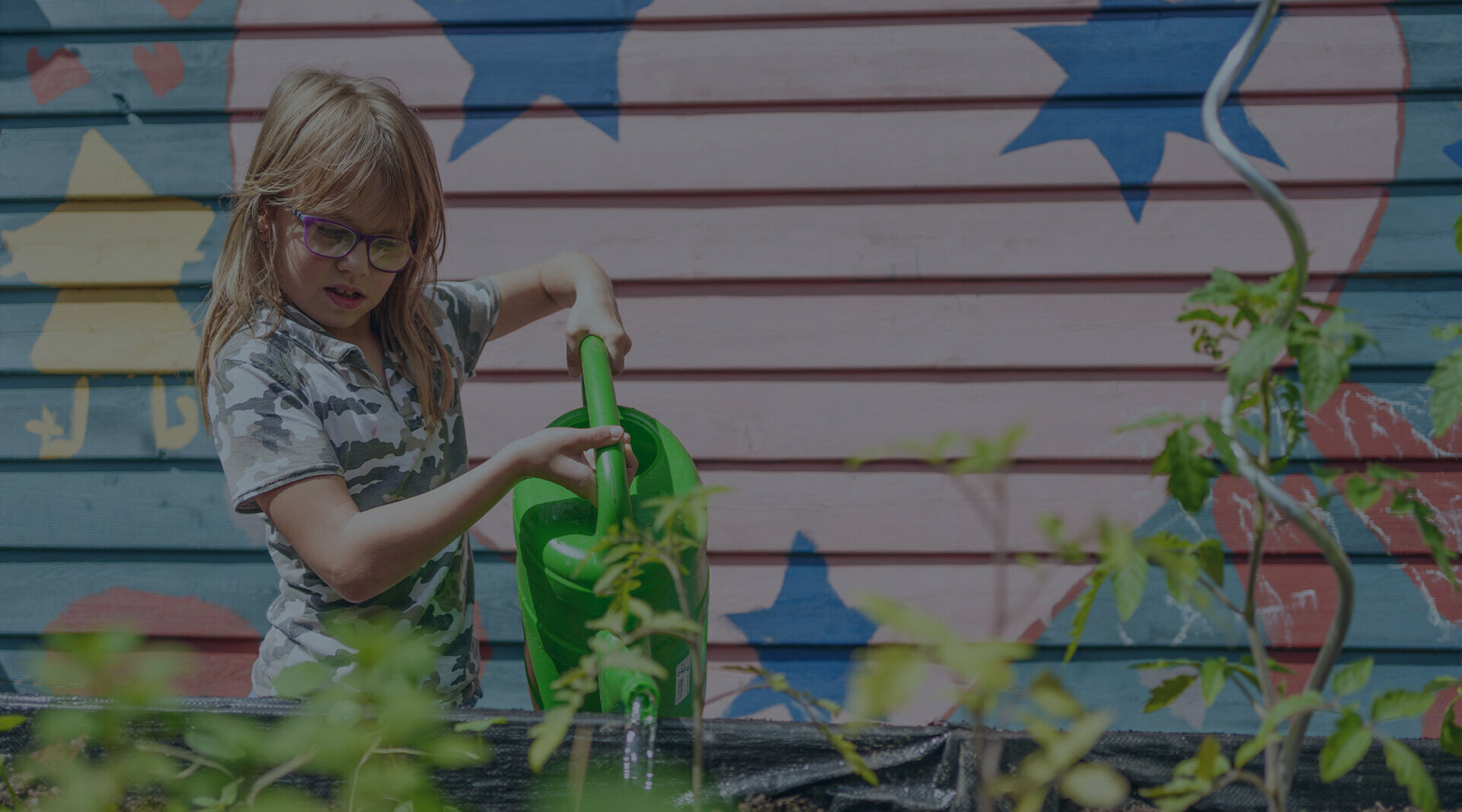 Ein Mädchen gießt Pflanzen in einem Hochbeet. 